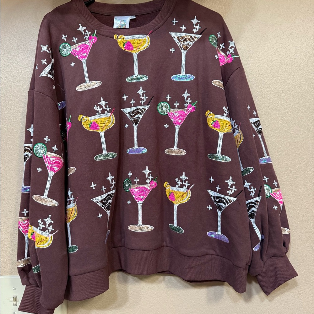 Brown Sweatshirt with Colorful Cocktail Print
